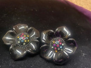 Black multi color flower earrings (clip-ons)