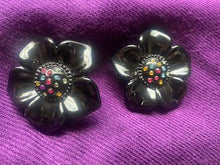Load image into Gallery viewer, Black multi color flower earrings (clip-ons)
