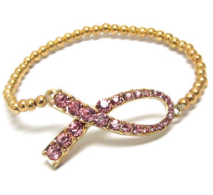 Crystal beaded pink ribbon stretch bracelet - breast cancer awareness