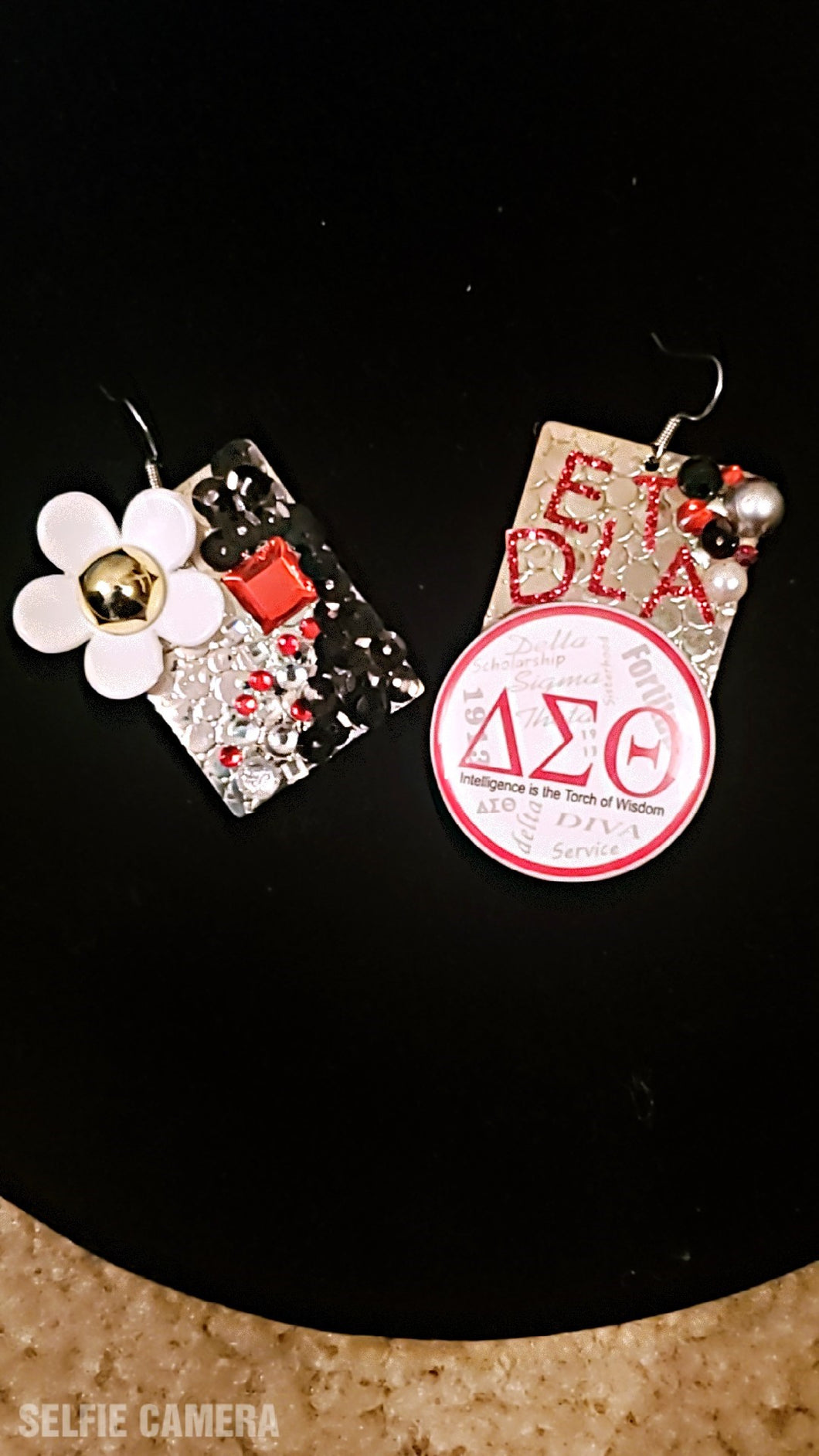 Custom made square Delta earrings_(the Delta novelty buttons are publicly purchased from a license greek-establishment)