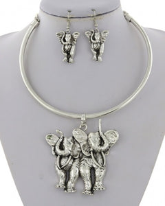 Elephant Metal Pendant Necklace & Earring Set