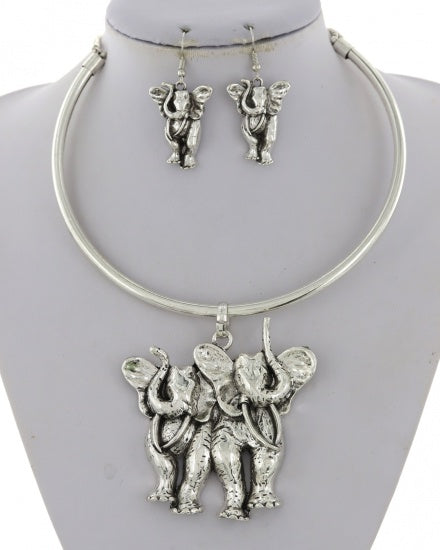 Elephant Metal Pendant Necklace & Earring Set