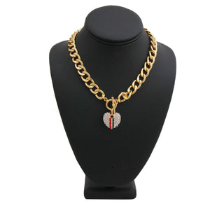 Inspired Gucci Style Red and Green Rhinestone Striped Heart Toggle Necklace