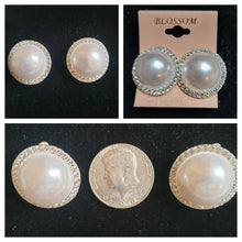 Load image into Gallery viewer, Large pearl w/rhinestone accent clip-on earrings
