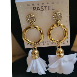 Gold chandelier white flower detail earrings