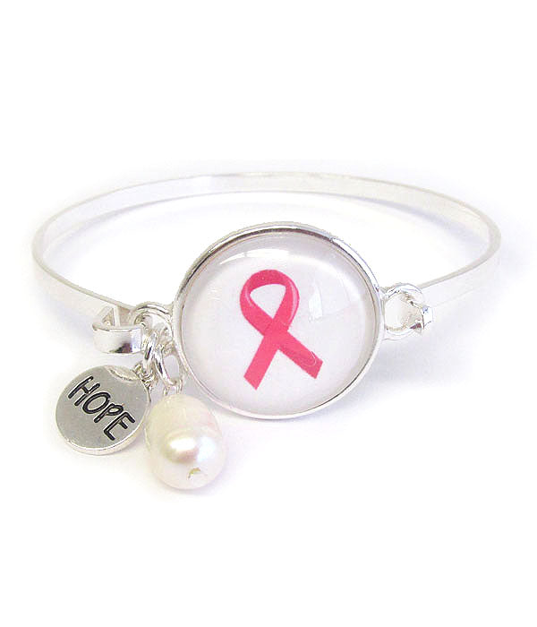 Pink ribbon-pearl cabochon wire bangle bracelet - breast cancer awareness