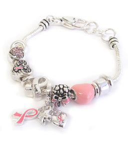 Euro style multi bead and charm bracelet - pink ribbon breast cancer awareness