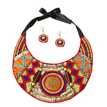 Load image into Gallery viewer, Multi Color Round Beaded Bib Necklace Set . Tribal Etched Metal Plate and Sequin
