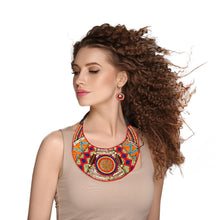 Load image into Gallery viewer, Multi Color Round Beaded Bib Necklace Set . Tribal Etched Metal Plate and Sequin
